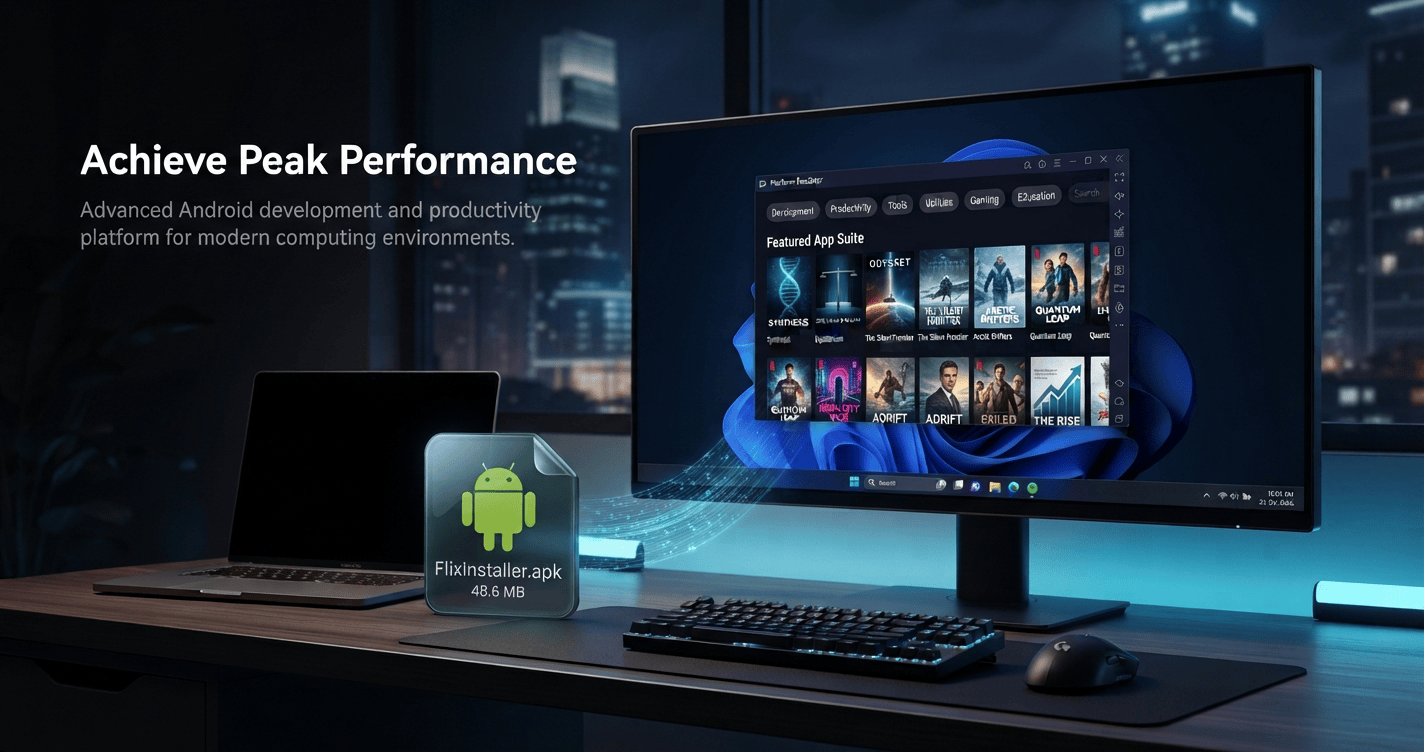 FlixFox app streaming movies on a Windows PC, highlighting the FlixFox installer for desktop viewing.
